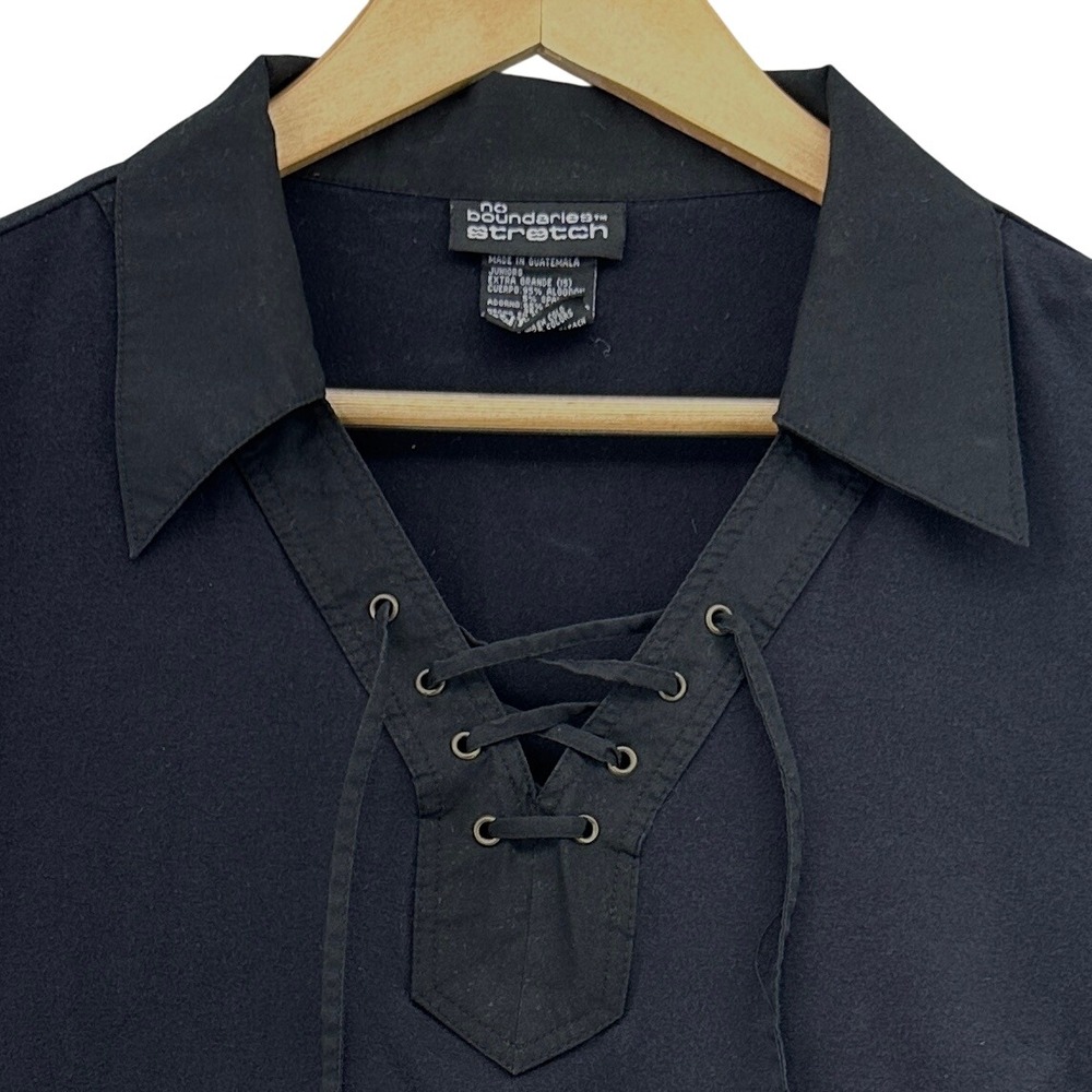 VTG No Boundaries Stretch Black Lace Up V-Neck Long Sleeve Shirt YTH XL‎ 15 NOBO
